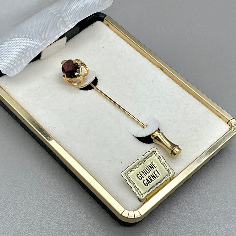 Vintage Stick Pin Genuine Garnet Gold Tone Round Red Stone Boxed 2.25"